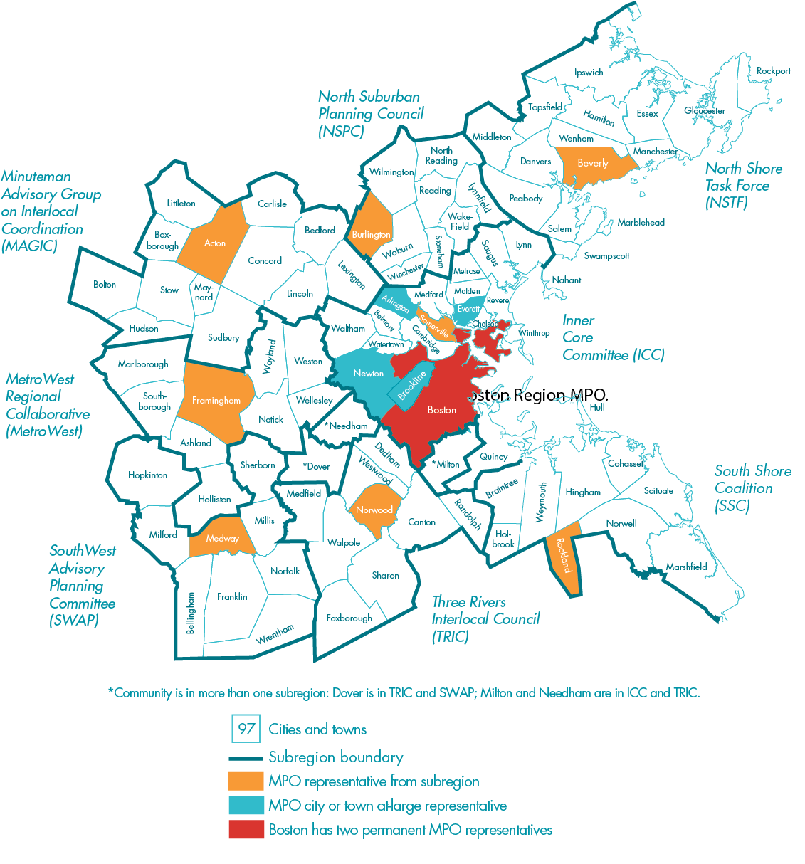 BOSTON REGION METROPOLITAN PLANNING ORGANIZATION MUNICIPALITIES
This image is a map of the 97 municipalities that comprise the Boston Region MPO area.